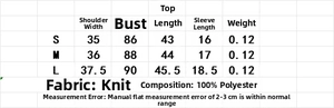 Size chart for knit top showing S, M, L measurements in centimeters and polyester material