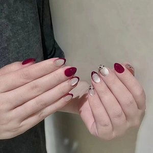Press On Nails Almond Shape ABS Wine Red Cat Eye Leopard Print French Style False Nails For Women
