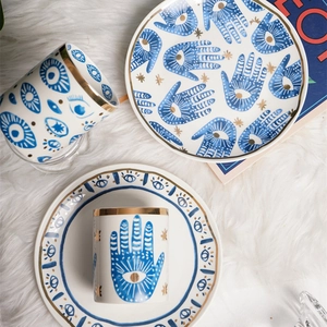 Ceramic Evil Eye Hamsa Hand Tableware Mug Plate Storage Jar Reinforced Porcelain Gold Rim Bohemian Novelty Decor