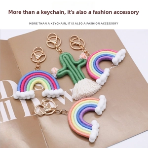 Detailed shot of handmade rainbow and cactus keychains with cotton tassels on a magazine