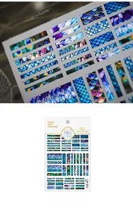 Detail of metallic peacock feather and fish scale nail art stickers in deep blue and green
