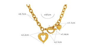 Detailed dimensions of gold thick chain necklace with heart charms and OT toggle clasp