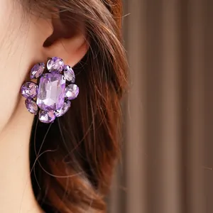 Vintage luxury purple crystal sunflower stud earrings with elegant rhinestone accents
