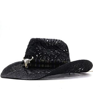 Western Cowboy Straw Hat Hollow Weave Breathable Summer Sun Hat With Ethnic Band Bull Skull Metal Decor Retro Outdoor