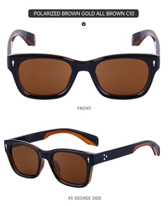 Front and 45 degree side view of polarized brown sunglasses with golden rivets