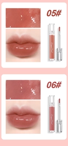 Lip gloss texture detail and swatches of shades 05 red brown and 06 rose bean paste