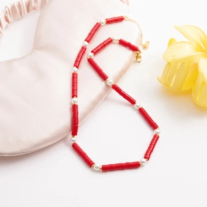 18K gold plated stainless steel necklace with red natural stones and small white pearls