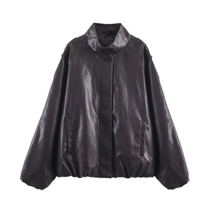Deep chocolate faux leather jacket with stand collar and dropped shoulders in flat lay view