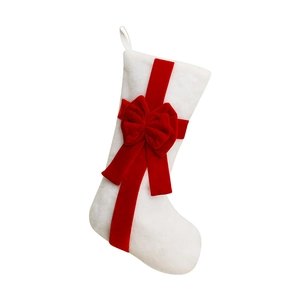 Plush Christmas stocking with red velvet bow ornament for holiday home decoration