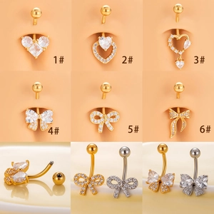 Belly Button Ring Stainless Steel Heart Bow Cubic Zirconia Dangle Navel Piercing Body Jewelry For Women