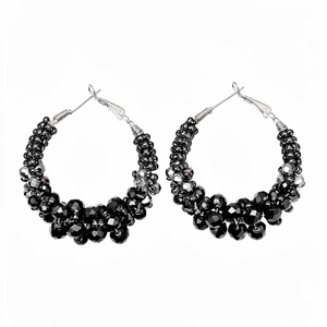 Vintage black glass bead hoop earrings with silver needles for a sophisticated look