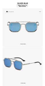 Steampunk polygon silver metal frame sunglasses with ice blue lenses and double bridge