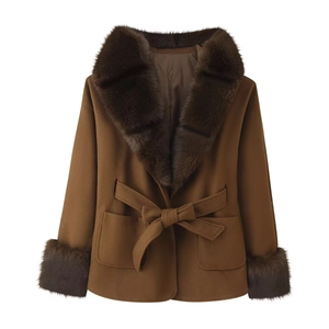 Brown wool coat for women with faux fur collar and waist belt on white background