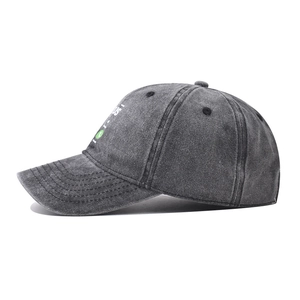 Detail of washed grey baseball cap featuring white Jesus Accept call interface embroidery