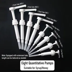 Universal syrup pump dispensers in 5CC-30CC sizes with adjustable tubes on black background