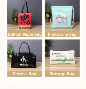 Detail view of various storage bags including mesh stationery, canvas and duffel styles