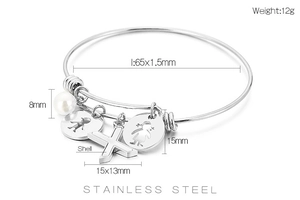 Detailed size specifications of silver stainless steel charm bracelet with shell pearl