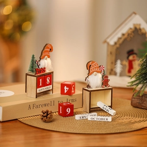 Wooden Christmas countdown calendar with gnome ornaments and interchangeable date blocks
