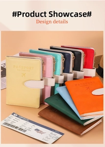 Multiple colorful RFID leather passport covers with zipper and gold-stamped plane logo