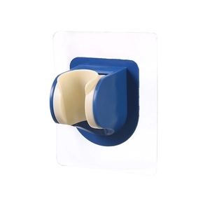 Blue adjustable shower head holder with adhesive mount shown from a 45-degree angle
