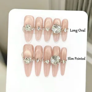 Luxury Handmade Press On Nails Cat Eye Rhinestone Long Stiletto Champagne Shimmering Fake Nails For Women