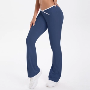Navy blue crossover high waist flared yoga pants with white contrast trim detailing