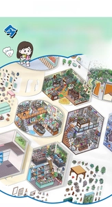 Detail of 2.5D miniature store scene stickers featuring various shop interior designs