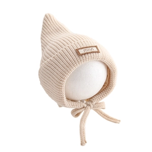 Winter knitted baby elf hat with ear flaps and miu patch in cream white finish