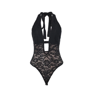 Close-up of intricate floral lace stitching and hollow out mesh on black bodysuit