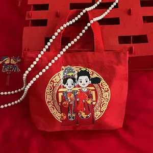 Red Canvas Handbag Cartoon Wedding Theme Gift Favor Bag For Bridal Souvenir Party Decor Elegant Festive