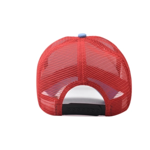 Rear view of red trucker hat with blue top button and breathable black mesh paneling