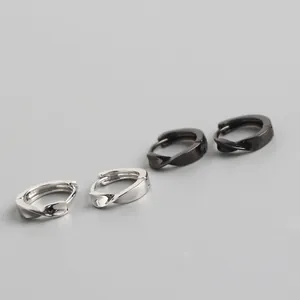Minimalist S925 sterling silver twisted huggie earrings in silver and black metal finishes