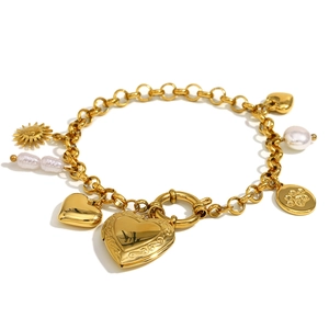 18K gold plated stainless steel bracelet with heart locket, pearl and sun charms