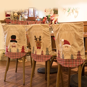 Weihnachts-Stuhlbezüge Bestickt Cartoon Weihnachtsmann Schneemann Rentier Karo-Saum Esszimmer Festliche Dekoration