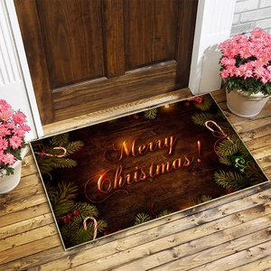 Christmas door mat with wood grain design, Merry Christmas text and festive berry decor