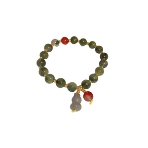 Adjustable colorful bodhi seed beaded bracelet with a grey gourd pendant for women