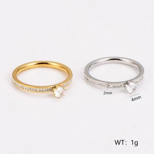 Polished stainless steel six-prong ring in gold and silver colors with dimension labels