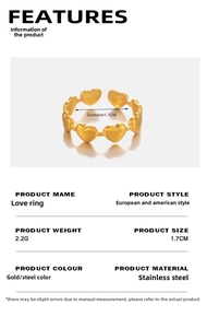 Detailed size chart for the heart ring showing 1.7cm diameter and 2.2g weight