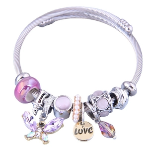 Adjustable stainless steel wire bracelet with purple crystal butterfly and love charm