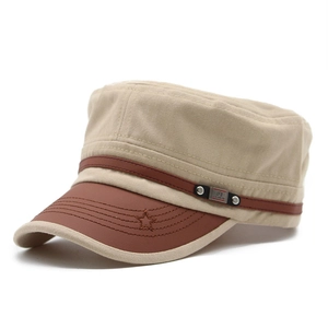 Vintage Cadet Cap Military Hat Cotton Canvas With Faux Leather Brim Star Embroidery Flat Top Adjustable Sun Hat Unisex