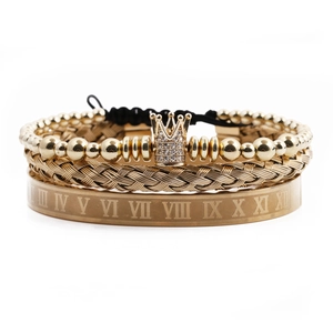 Men Punk Roman Numeral Cuff And Crown Cubic Zirconia Bead Bracelet Stainless Steel Copper Braided Wire Jewelry