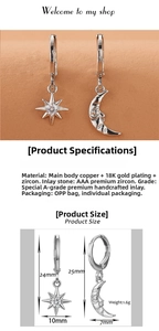 Detailed size chart and parameter view of asymmetric star and moon drop earrings