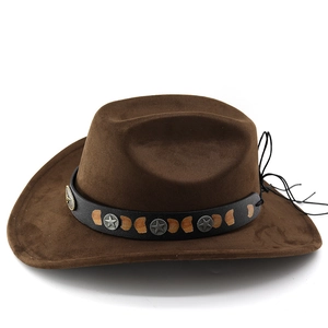 Detail of dark brown faux suede cowboy hat with metallic star and crescent moon embellishments