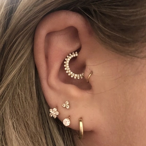 Gold S925 sterling silver Daith earring set with double row of clear zircon water drop stones