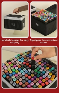 Detail of 168 colors dual-tip markers set in a black zippered oxford carrying storage bag