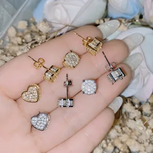 CZ Micro Pave Stud Earrings 18K Gold Plated Copper Heart Round Geometric Sparkling Fashion Jewelry For Women Men