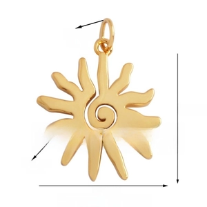 Detailed view of sunburst gold charm with dimensions of 19mm for custom jewelry making