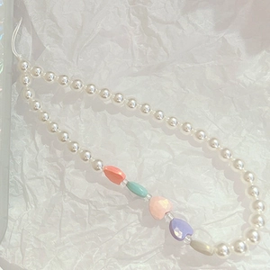 Colorful heart resin beads with faux pearl wrist strap phone charm for iPhone