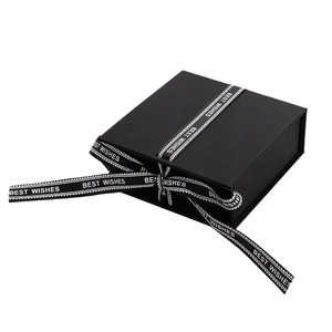 Elegant black matte square jewelry gift box featuring a decorative Best Wishes ribbon