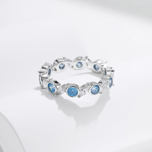 S925 sterling silver ring featuring aquamarine-style blue gems and white zirconias